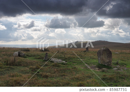 Ancient stone circle under Great Staple Tor, Dartmoor National Park, Devon Ancient stone circle under Great Staple Tor, Dartmoor National Park, Devon 85987731