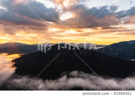 Panorama of the Carpathians in the Synevyrska Polyana Natural Park, forest with snow and morning fog and clouds, clouds at the foot of the mountains. Panorama of the Carpathians in the Synevyrska Polyana Natural Park, forest with snow and morning fog and clouds, clouds at the foot of the mountains. 85988361