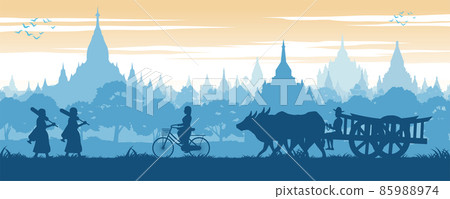 Asean scenery country background of Myanmar with Pagoda sea while monk on pilgrimage woman ride bicycle and man on cow cart Asean scenery country background of Myanmar with Pagoda sea while monk on pilgrimage woman ride bicycle and man on cow cart 85988974