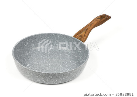 Modern frying pan with non-stick granite coating with wooden handle isolated on white background, top view. Modern frying pan with non-stick granite coating with wooden handle isolated on white background, top view. 85988991