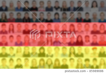 Portraits of many people on the background of the German flag. The concept of the population and demographic state of the country 85989086