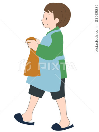 插圖素材：一個穿著圍裙的男孩微笑著幫助提毛巾 85989883