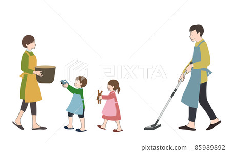 Icon set for men wearing an apron and mopping with a smile, and women and children cleaning up 85989892