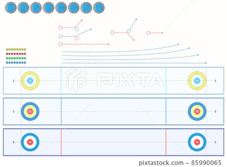 Set of Curling Sheet, Paths of movement and Curling Stones directly above. Set of Curling Sheet, Paths of movement and Curling Stones directly above. 85990065