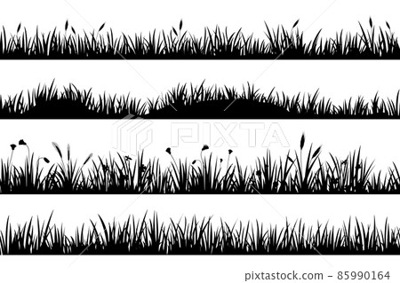 Meadow grass with flowers and spikelets, black silhouettes dividers. Grassland field with tufts. Lawn grass horizontal borders vector set 85990164