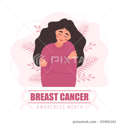 Breast cancer awareness month poster. Happy woman hugging herself. Annual international health campaign. Vector illustration in flat cartoon style 85990165