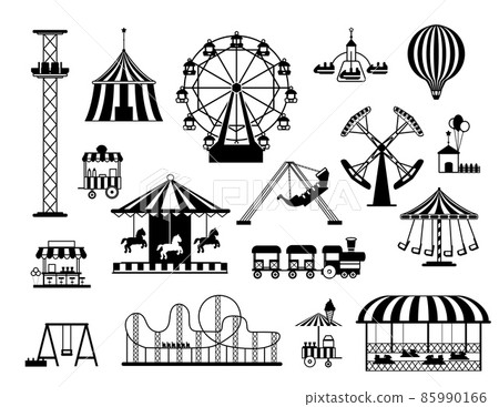 Fun amusement carnival park attractions and carousels black silhouettes. Funfair circus tent, swings, train and hot air balloon vector set Fun amusement carnival park attractions and carousels black silhouettes. Funfair circus tent, swings, train and hot air balloon vector set 85990166