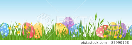 Cartoon easter eggs on meadow green grass seamless border. Spring lawn with painted egg and flowers. Happy easter day hunt vector background 85990168