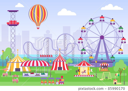 Amusement park landscape with ferris wheel, circus tents and carousels. Flat fun fair with roller coaster and merry-go-round vector concept 85990170