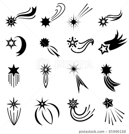 Flat falling stars icons, comet logo designs. Magic star fall with sparkle trail. Abstract galaxy meteor with tail. Shooting star vector set Flat falling stars icons, comet logo designs. Magic star fall with sparkle trail. Abstract galaxy meteor with tail. Shooting star vector set 85990188
