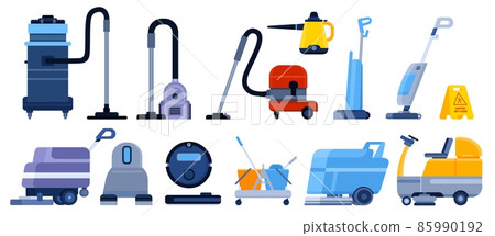 Flat professional cleaning service equipment, vacuums and machines. Steam mops, industrial sweeper car and robot vacuum cleaner vector set 85990192