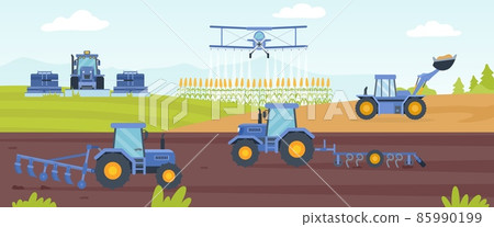 Agricultural machinery banner with farm field landscape and tractor. Combines cultivating soil for crop. Agriculture industry vector concept Agricultural machinery banner with farm field landscape and tractor. Combines cultivating soil for crop. Agriculture industry vector concept 85990199