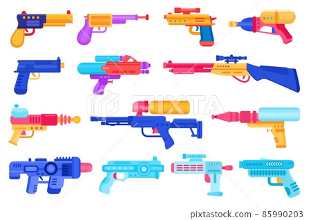 Cartoon kids toy weapons, water guns, pistols and blasters. Plastic handguns and rayguns for summer games. Children space lasers vector set Cartoon kids toy weapons, water guns, pistols and blasters. Plastic handguns and rayguns for summer games. Children space lasers vector set 85990203