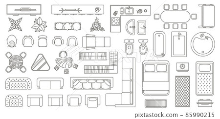 House floor plan furniture top view line icons. Apartment interior blueprint map elements. Table, seats, sofa, bath and toilet vector set 85990215