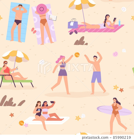 Flat people on summer vacation at beach seamless pattern. Women surfer, relax on a sun lounger, sunbathe, playing and do selfie vector print 85990219