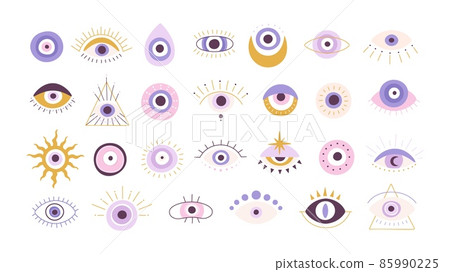 Magic greek evil eye talisman abstract designs. Mystic ethnic luck souvenir bead. Esoteric eyes amulet for tattoo. Doodle nazar vector set 85990225