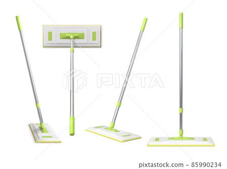 Realistic 3d floor cleaning mop with rag and plastic handle. Home surface clean up tool top and side view for product ad. Mops vector set Realistic 3d floor cleaning mop with rag and plastic handle. Home surface clean up tool top and side view for product ad. Mops vector set 85990234