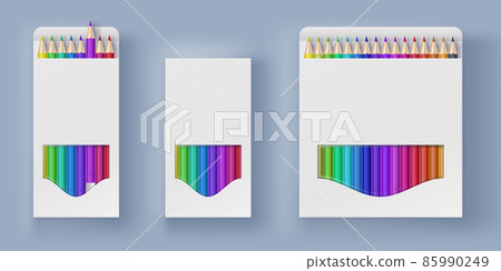 Packaging carton box mockup with colored pencils for drawing. Realistic opened and closed white paper package for color pencil vector set 85990249