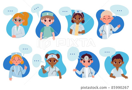 Kids doctors characters with speech bubble, medical health info. Cartoon children nurse, dentist, physician talk about healthcare vector set Kids doctors characters with speech bubble, medical health info. Cartoon children nurse, dentist, physician talk about healthcare vector set 85990267