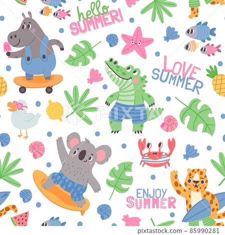 Summer animal surfers and tropical leaves seamless pattern. Crocodile, koala with surfboard, crab, fish and hippo on skate, kid vector print 85990281