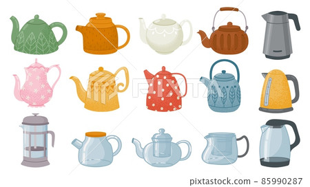 Cartoon decorative glass and ceramic teapots, kettles design. Vintage, modern and japan dishware for tea. Kitchen or cafe teapot vector set 85990287