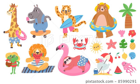 Cute summer tropical animals travel, surf and skateboard. Giraffe with swim ring, lion sunbathe on beach, fun hippo eat ice cream vector set 85990291