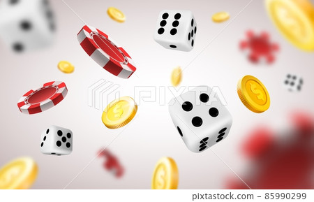 Realistic casino background with flying chips, golden coins and dice. Poker winning money prize explosion. 3d gambling games vector concept Realistic casino background with flying chips, golden coins and dice. Poker winning money prize explosion. 3d gambling games vector concept 85990299