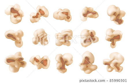 Realistic popcorn flakes, popped kernels, movie snack food. Tasty fried caramel corn seeds for cinema theatre or party. Popcorn vector set Realistic popcorn flakes, popped kernels, movie snack food. Tasty fried caramel corn seeds for cinema theatre or party. Popcorn vector set 85990301