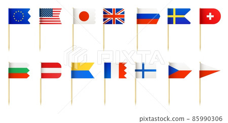 Realistic wood toothpick with little country flags for food decoration. Usa, france, japan, sweden and england miniature 3d flags vector set Realistic wood toothpick with little country flags for food decoration. Usa, france, japan, sweden and england miniature 3d flags vector set 85990306