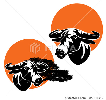 african buffalo bull head with red sun disk vector design set african buffalo bull head with red sun disk vector design set 85990342