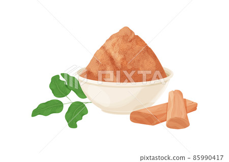 Sandalwood, chandan pieces and powder in bowl, leaves ingredient in cartoon style isolated on white background. Dried wood, medical material. 85990417