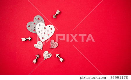 Valentines day banner. Red heart, romantic gift on love red background. Valentine day love beautiful decoration with copy space. 85991178