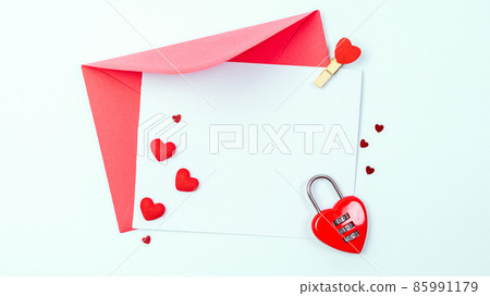 Valentine background. Red heart, romantic gift on love white background. Valentines day heart decoration for flat lay with copy space. 85991179