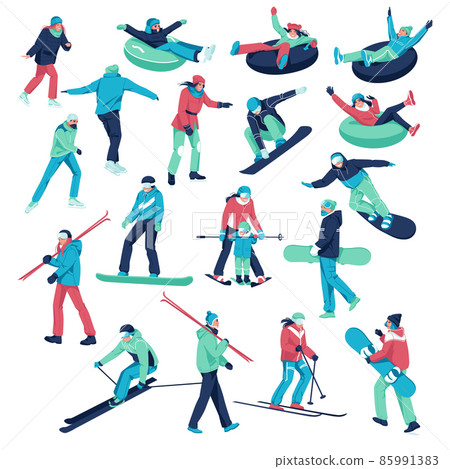 A large set of different characters Men's and women's ski snowboards, tubing and ice skating. Winter sports. Flat vector illustration isolated on white background. A large set of different characters Men's and women's ski snowboards, tubing and ice skating. Winter sports. Flat vector illustration isolated on white background. 85991383