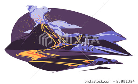 Volcanic eruption of orange lava flows down the slope. disaster. Large cloud over the crater. Flat vector illustration. Volcanic eruption of orange lava flows down the slope. disaster. Large cloud over the crater. Flat vector illustration. 85991384