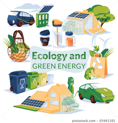 Green energy and recycling concept. electric cars, gas station, eco-bags with vegetables, waste sorting bins, jar, water bottle, coffee cup.Solar panels on the roofs. flat vector illustration Green energy and recycling concept. electric cars, gas station, eco-bags with vegetables, waste sorting bins, jar, water bottle, coffee cup.Solar panels on the roofs. flat vector illustration 85991385