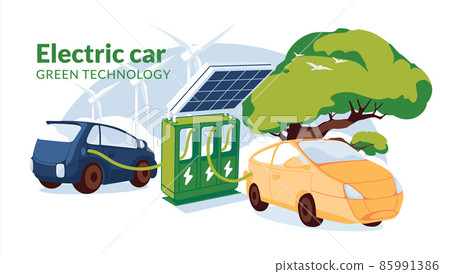 refueling for electric vehicles with solar panel. Green energy concept. Two electro cars or gybrid on the clean sky clouds and windmill turbines background. Flat vector illustration refueling for electric vehicles with solar panel. Green energy concept. Two electro cars or gybrid on the clean sky clouds and windmill turbines background. Flat vector illustration 85991386