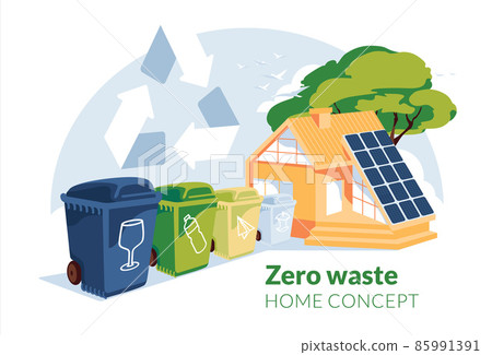 zero waste house concept. Green energy and recycling. Garbage sorting. Solar panel on the house roof. Flat vector illustration zero waste house concept. Green energy and recycling. Garbage sorting. Solar panel on the house roof. Flat vector illustration 85991391