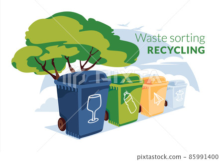 four refuse bins for different types of garbage: paper, glass, plastic, organic. Garbage sorting, recycling and clean environment  concept. Flat vector illustration 85991400