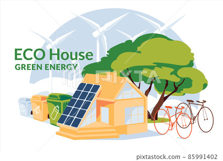 eco house with solar panels, bycicles and sorting garbage green energy concept. web icon and infographic. Recycle and renewble enerrgy home concept. Flat vector iluustration 85991402