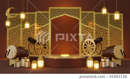 Islamic product display mock up. Podium, crescent moon, lantern, gift box. Ramadan, Islamic New Year. 3D rendering. 85991536