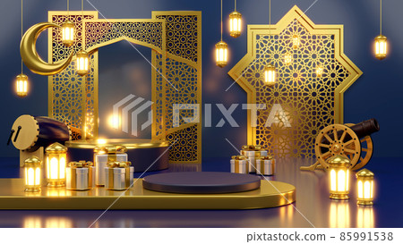 Islamic product display mock up. Podium, crescent moon, lantern, gift box. Ramadan, Islamic New Year. 3D rendering. 85991538