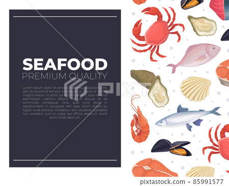 Seafood card template. Restaurant or fishery product market advertising, flyer, banner design vector illustration 85991577