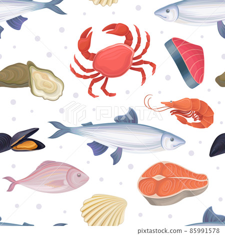 Organic fresh seafood seamless pattern. Background, wallpaper, cover, textile, packaging design with shrimp, octopus, crab, salmon steak fish cartoon vector illustration 85991578