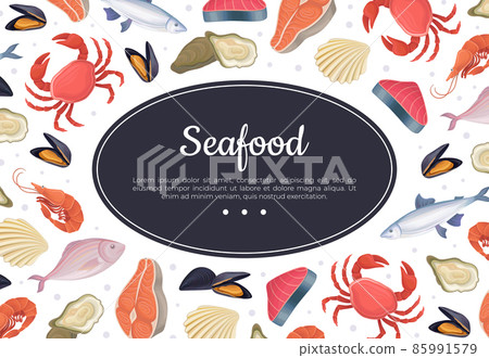 Seafood banner template. Restaurant or fishery product market advertising, poster, card, packaging design vector illustration 85991579