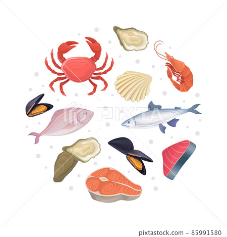 Organic seafood in circular shape. Poster, card, background with shrimp, octopus, crab, salmon steak fish vector illustration Organic seafood in circular shape. Poster, card, background with shrimp, octopus, crab, salmon steak fish vector illustration 85991580