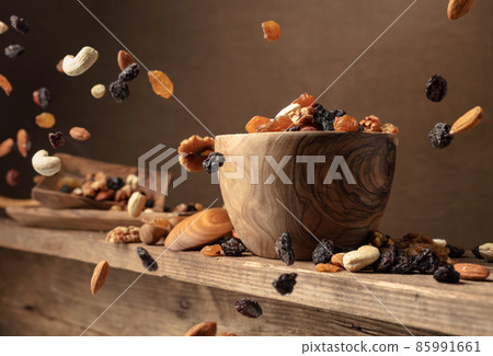 Flying dried fruits and nuts. Flying dried fruits and nuts. 85991661