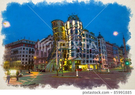 Watercolor drawing of Prague, Czech Republic, Dancing House observation deck evening view 85991885