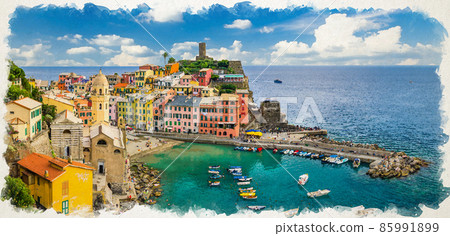 Watercolor drawing of Vernazza village with typical colorful multicolored buildings 85991899