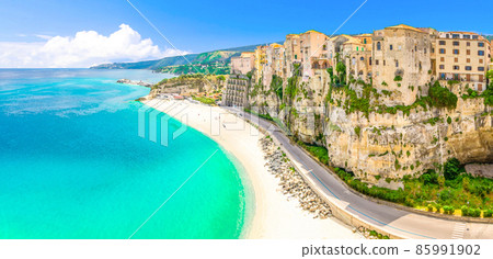 Watercolor drawing of Aerial panoramic view of Tropea town and beach coastline of Tyrrhenian Sea 85991902